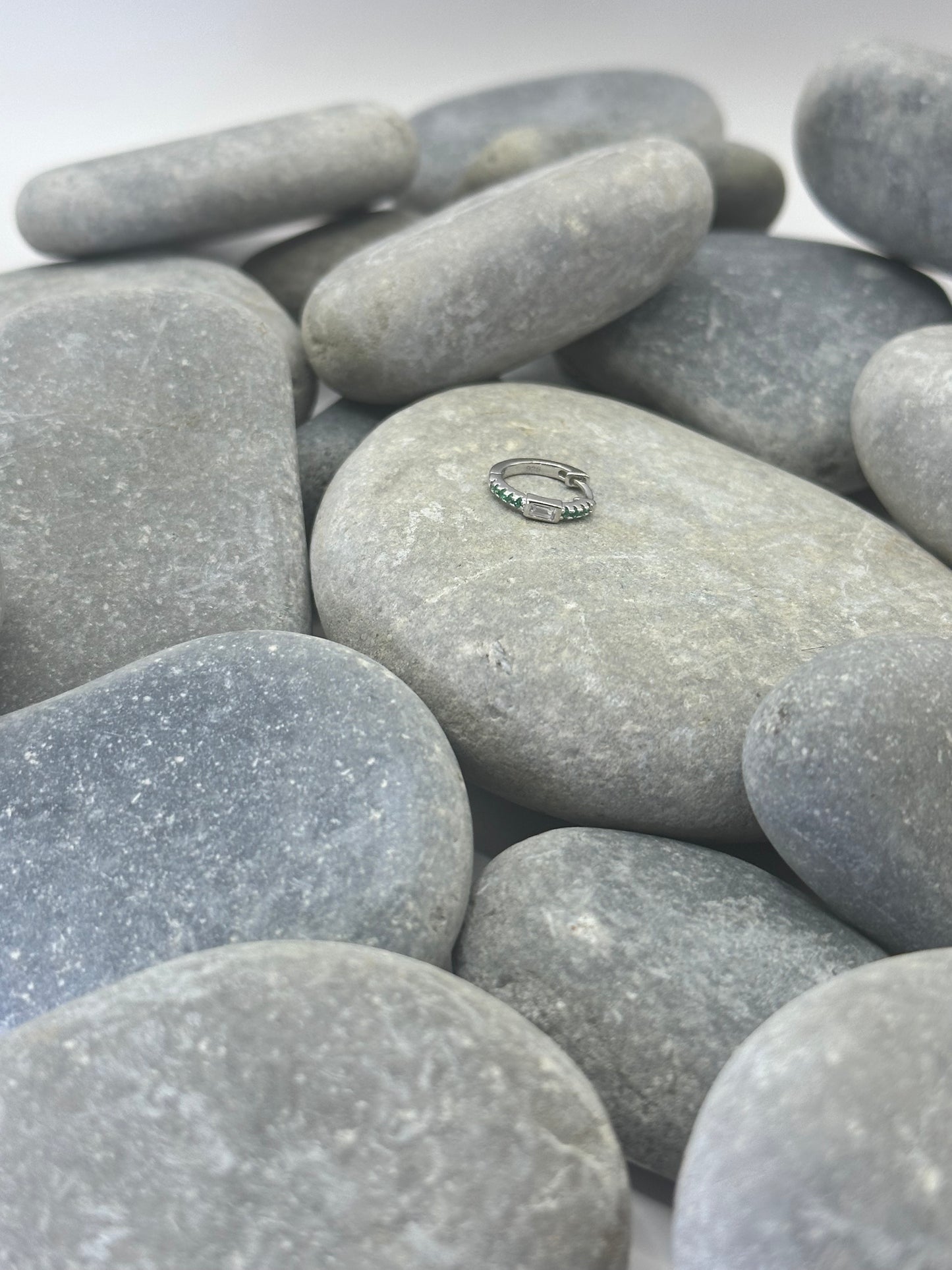 Platinum Plated Baguette Huggie Hoop with Green Stone