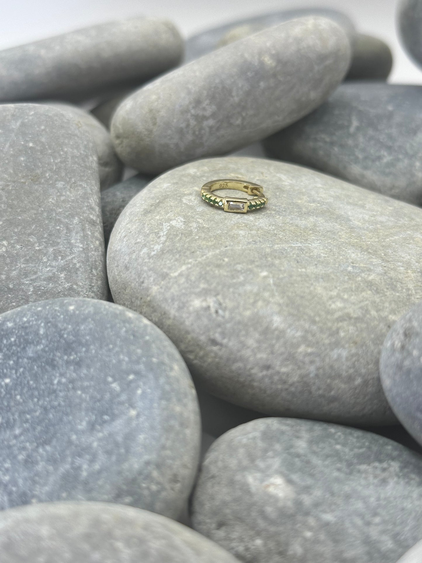 14k Yellow Gold Plated Baguette Huggie Hoop with Green Stone