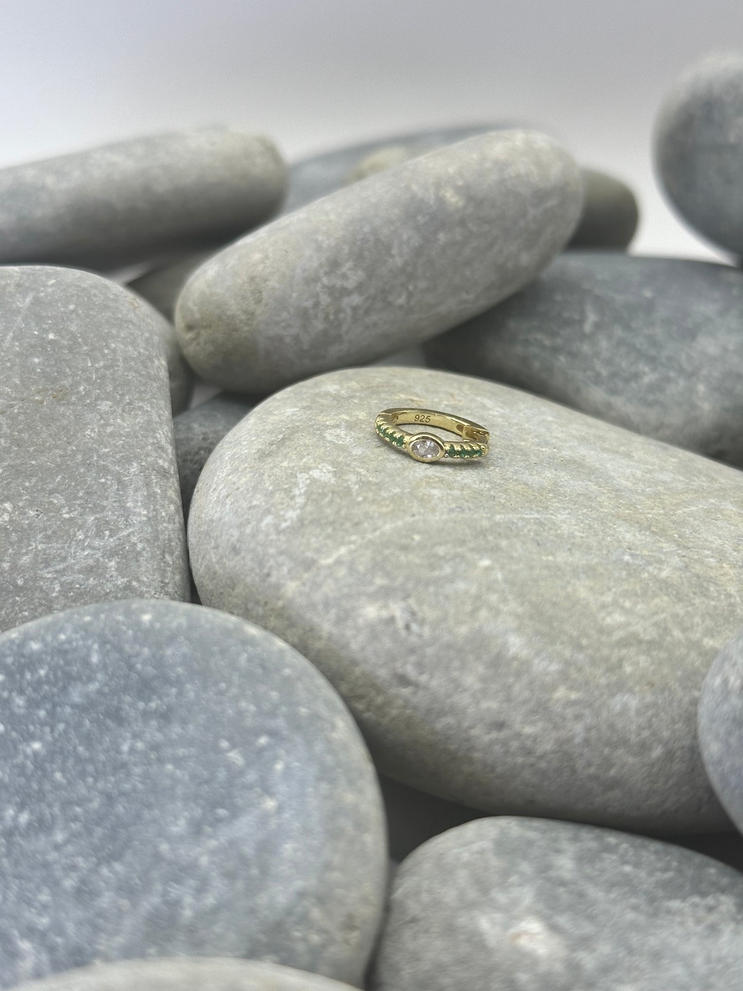 14k Yellow Gold Plated Oval Huggie Hoop with Green Stone